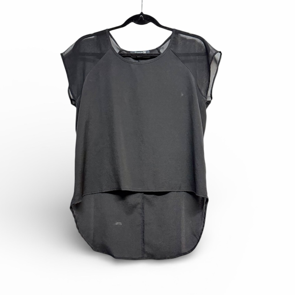 Forever 21 Black Short Sleeve High Low Blouse with Sheer Sleeves Sz S/P